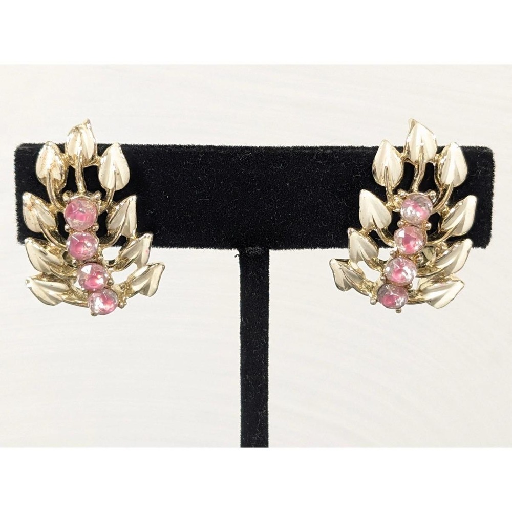 Vintage Coro Pink Rhinestone Leaf Spray Clip Earrings Gold Tone White Enamel